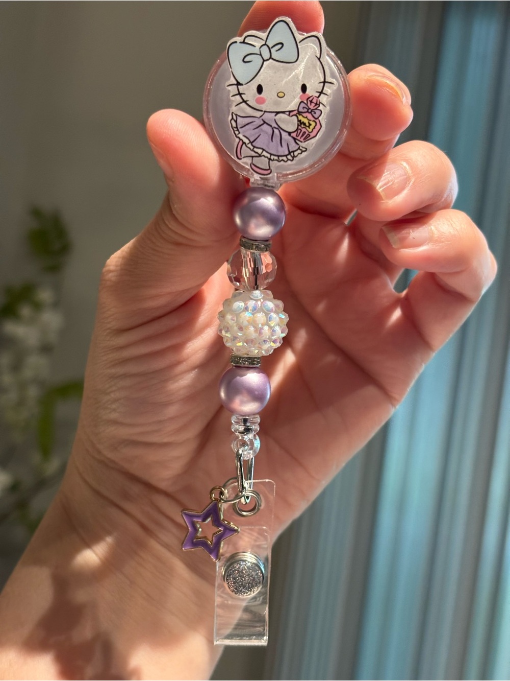 Hello Kitty Lavender Beaded Badge Reel with Star Charm